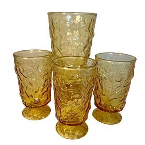 Anchor Hocking Vintage Lido Milan Amber Honey Crinkle Glasses 3 Juice, 1 Tumbler